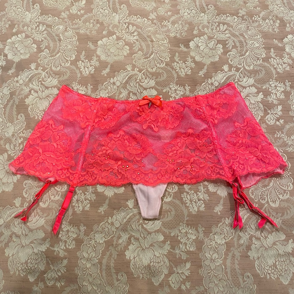 Victoria’s Secret lace garter belt panties w/crystals in hot orange/pink color